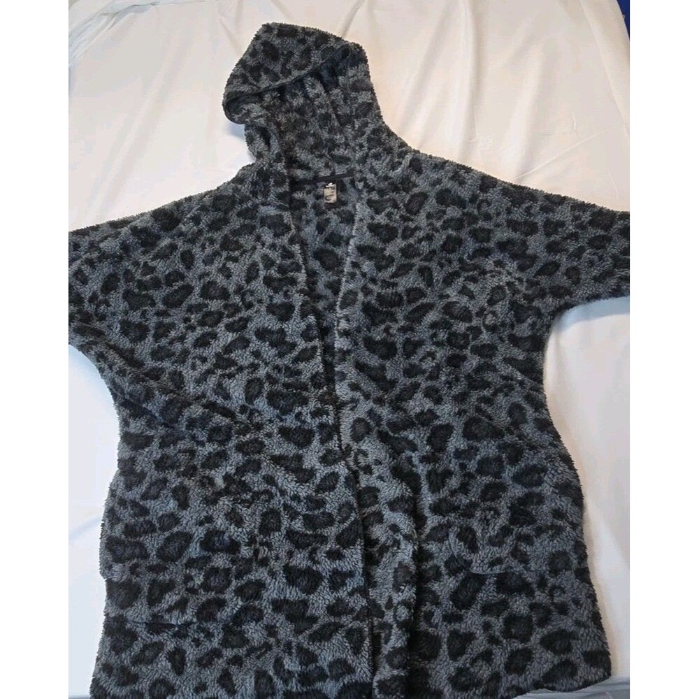 Womens Sherpa Fleece Cardigan Open Front Hooded L Black and Gray Leopard Print